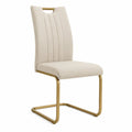 Silla de comedor tapizada en poliéster beige con respaldo alto acanalado base cantilever de acero color latón 45 x 58 x 102 cm