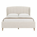 Cama tapizada doble con cabecero acolchado de poliéster beige crema con patas de madera natural 160 x 200 cm
