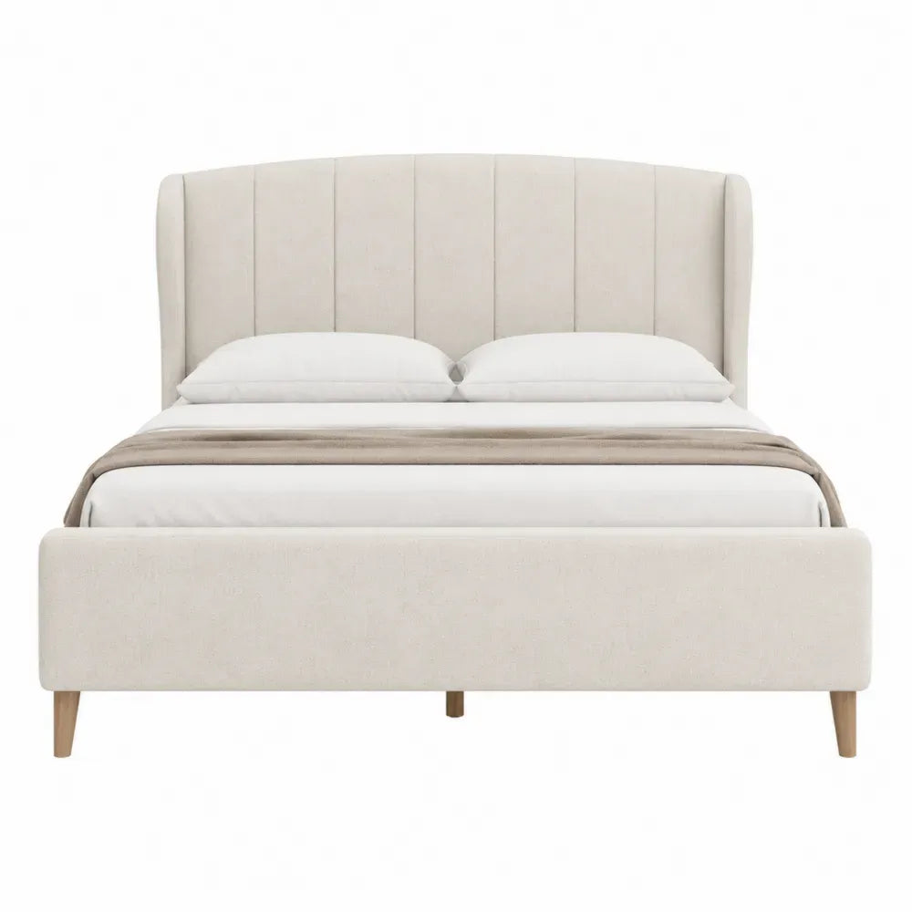 Cama tapizada doble con cabecero acolchado de poliéster beige crema con patas de madera natural 160 x 200 cm