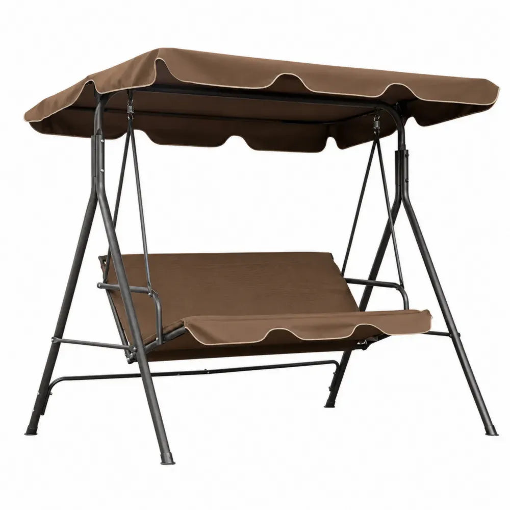 Columpio de jardín con toldo asiento acolchado tres plazas estructura de acero negro marrón 200 x 120 x 160 cm