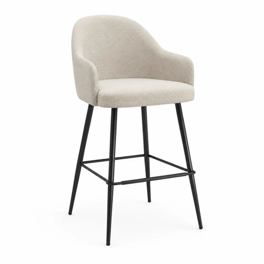 Silla alta de comedor con reposabrazos tapizada en bouclé beige 54x58x105 cm patas de acero negro