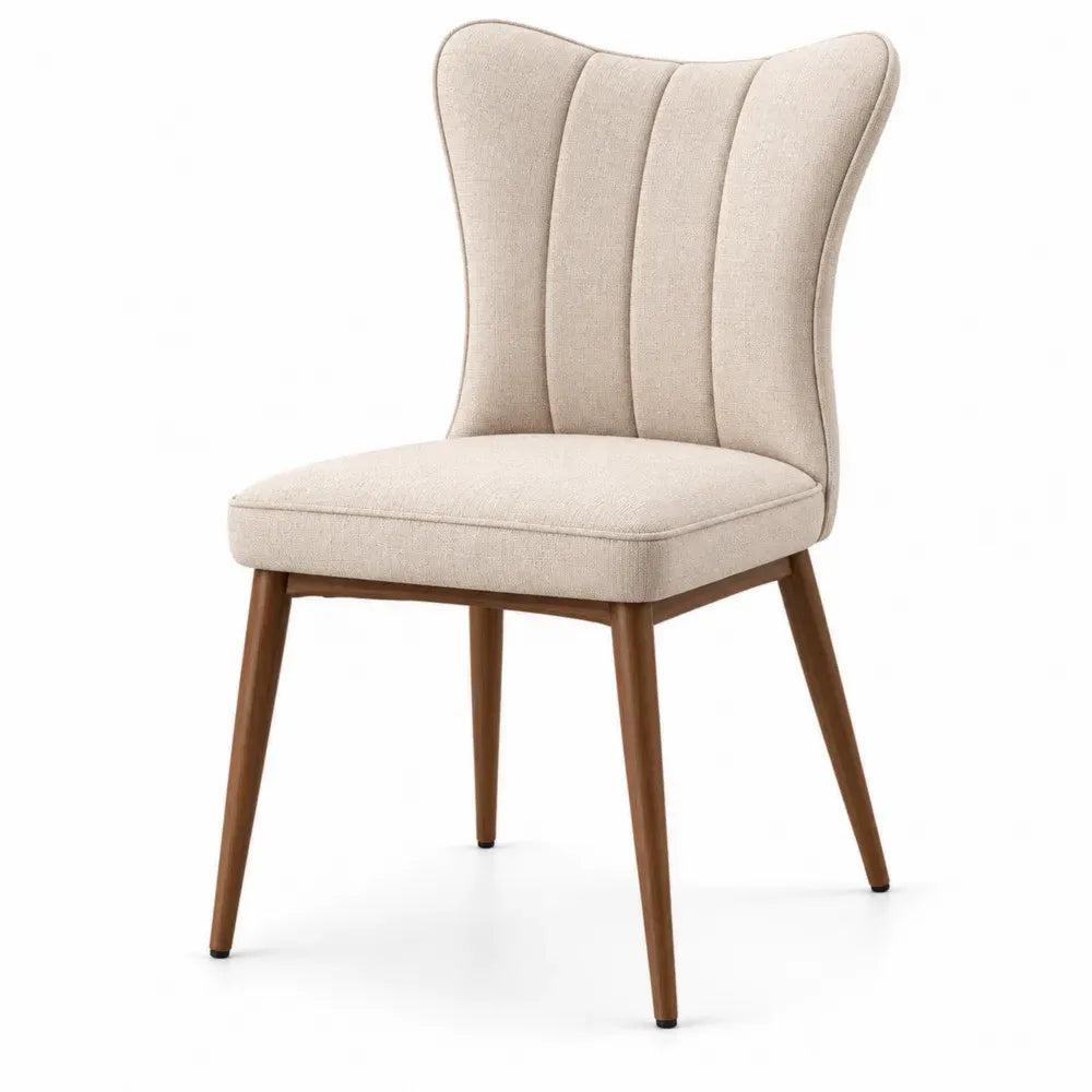Silla de comedor tapizada de poliéster beige con patas de madera maciza de caucho acabado nogal 50 x 58 x 90 cm