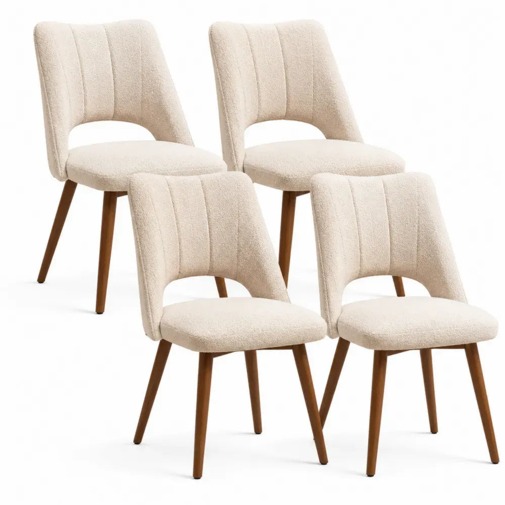 Juego de 4 sillas de comedor tapizadas en poliéster bouclé beige con patas de madera maciza de caucho color nogal 48 x 56 x 86 cm