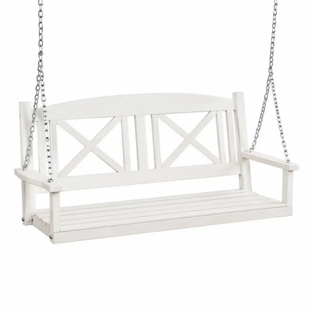 Banco colgante de exterior de pino blanco de 3 plazas con cadenas de acero plateadas 160 x 60 x 65 cm
