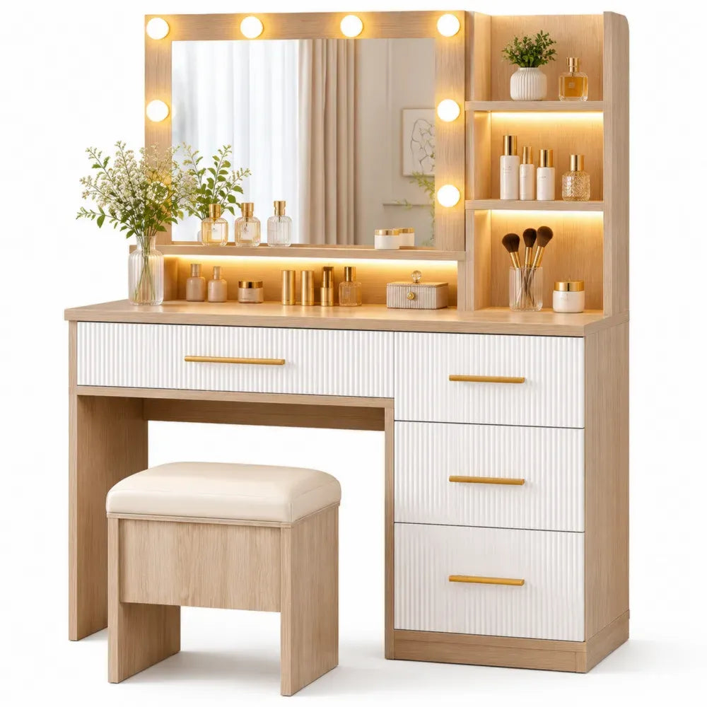 Tocador con espejo LED y taburete 120 x 40 x 145 cm rectangular MDF roble claro blanco acanalado estructura dorada