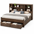Cama doble con cabecero estantería y 2 cajones madera melamina nogal oscuro 218 cm x 160 cm x 125 cm
