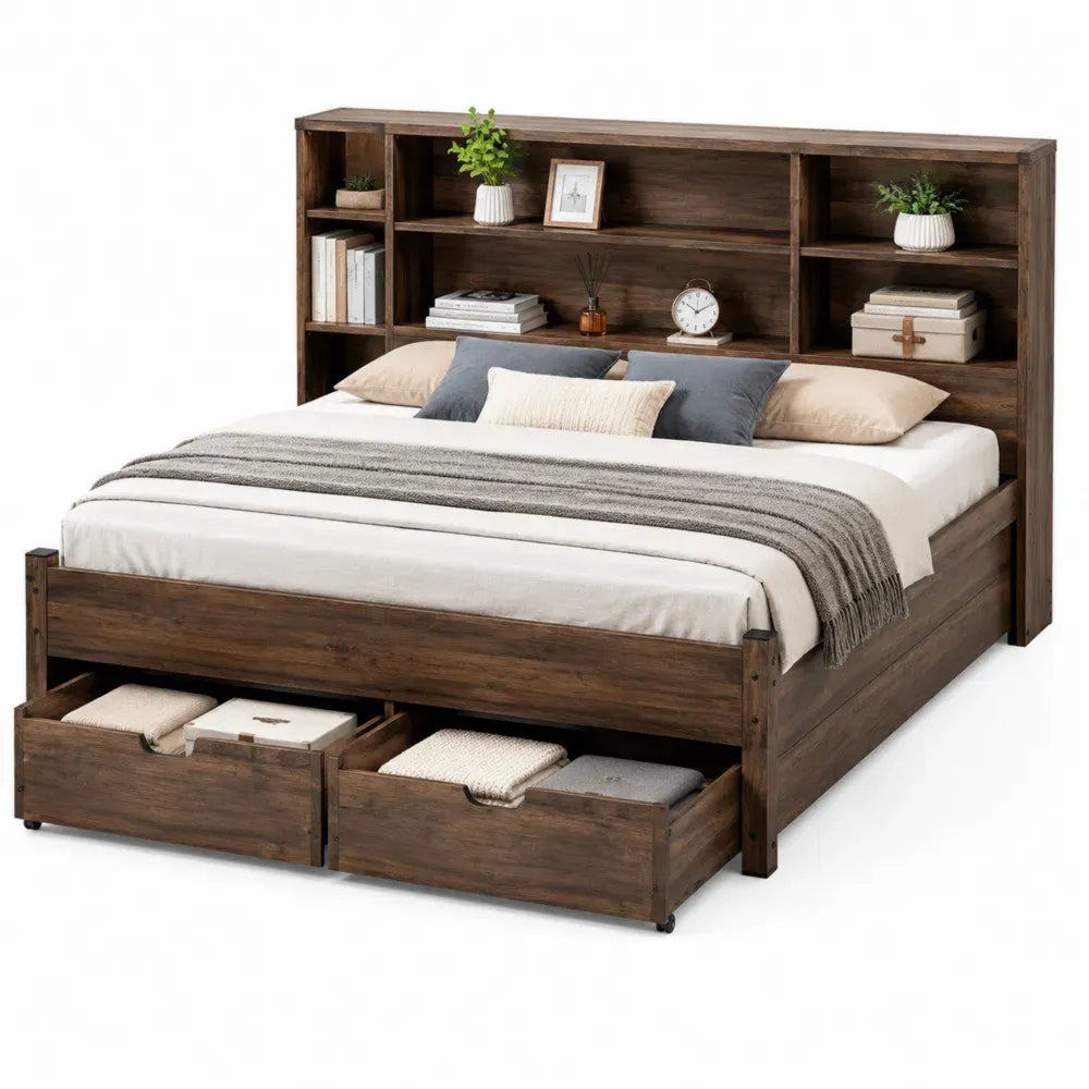 Cama doble con cabecero estantería y 2 cajones madera melamina nogal oscuro 218 cm x 160 cm x 125 cm