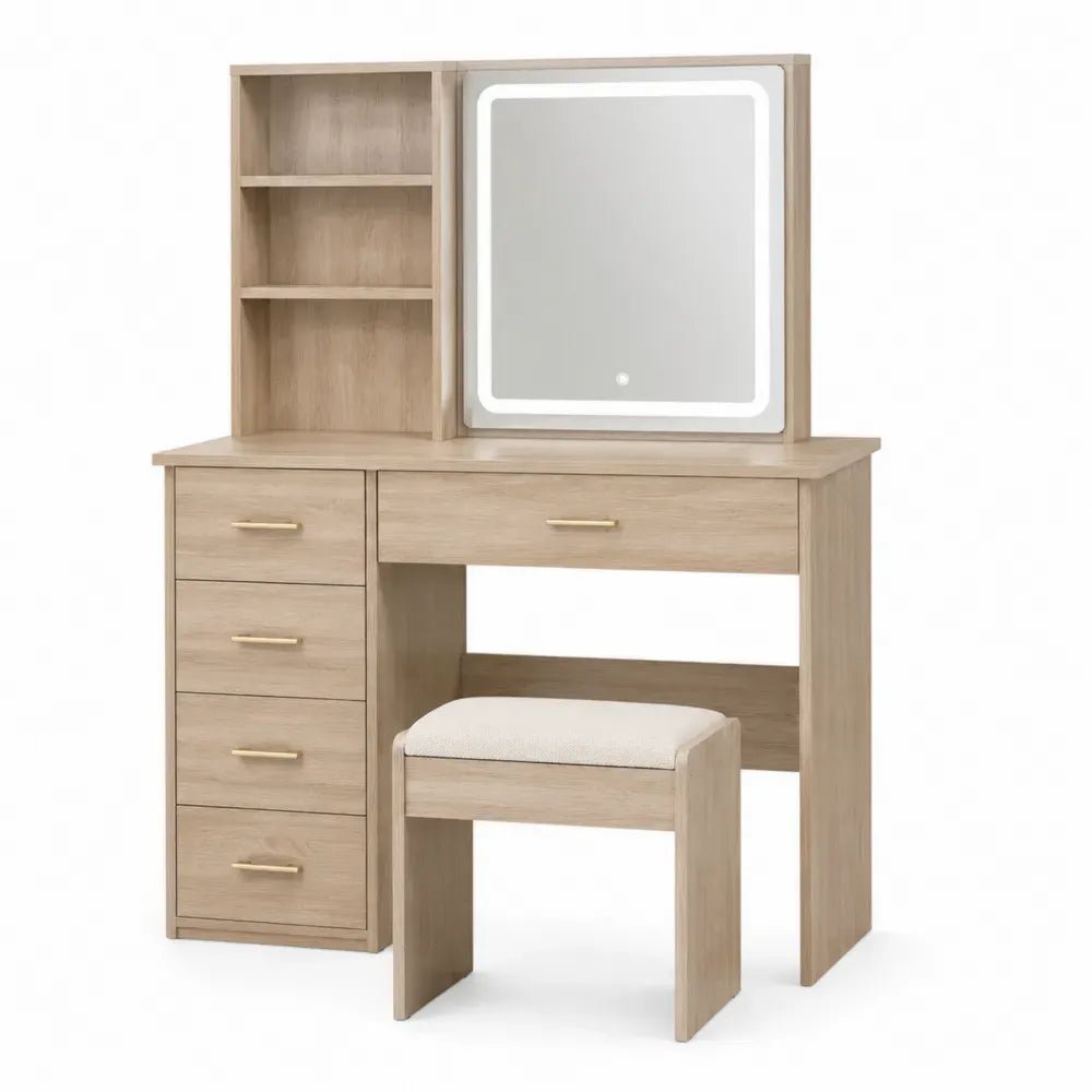Tocador rectangular con espejo LED y taburete MDF roble claro con cajones y estantes 100 cm x 40 cm x 140 cm