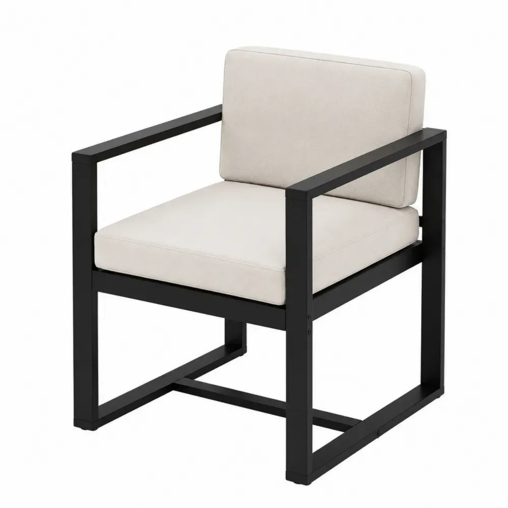 Silla de comedor con reposabrazos estructura rectangular de acero negro y cojines de poliéster beige 60 x 62 x 82 cm