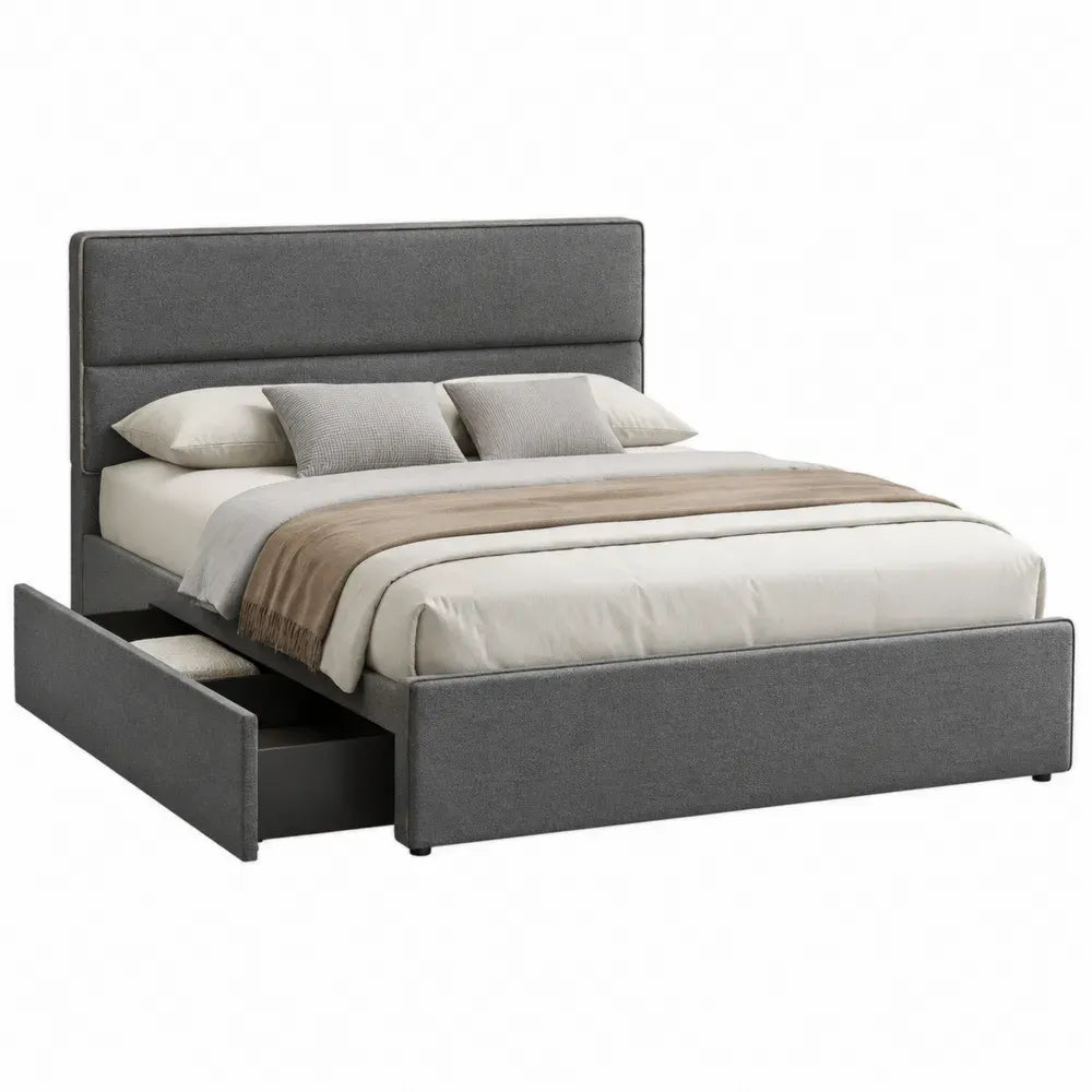 Cama doble tapizada con almacenaje 160 x 200 cm estructura con cajones laterales y acabado en tejido gris