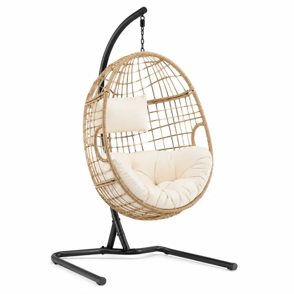 Silla colgante tipo huevo con soporte de acero ratán PE cojín beige 195 x 105 x 105 cm