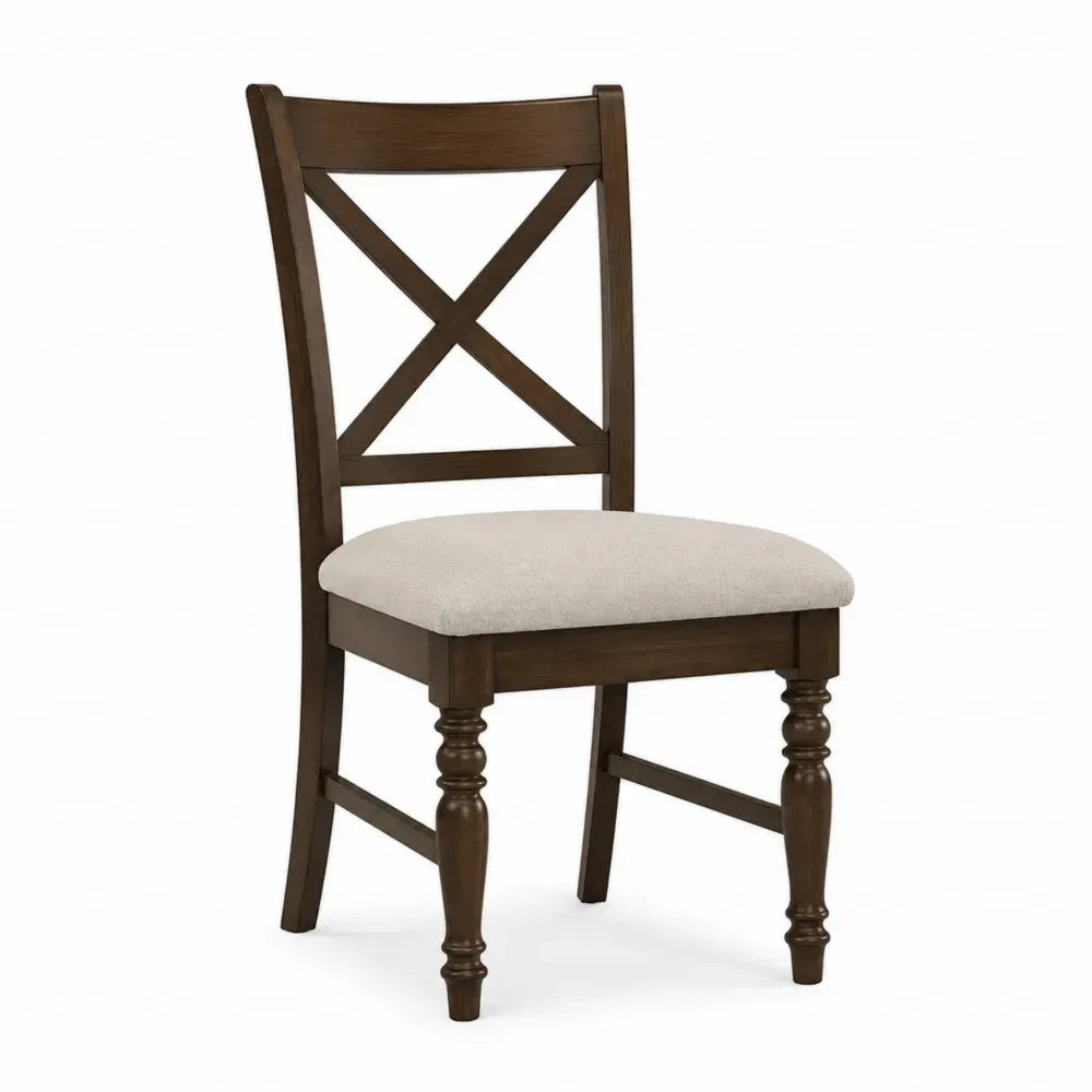 Silla de comedor con respaldo en X madera maciza de caucho marrón nogal y asiento tapizado en poliéster beige 47 x 55 x 98 cm