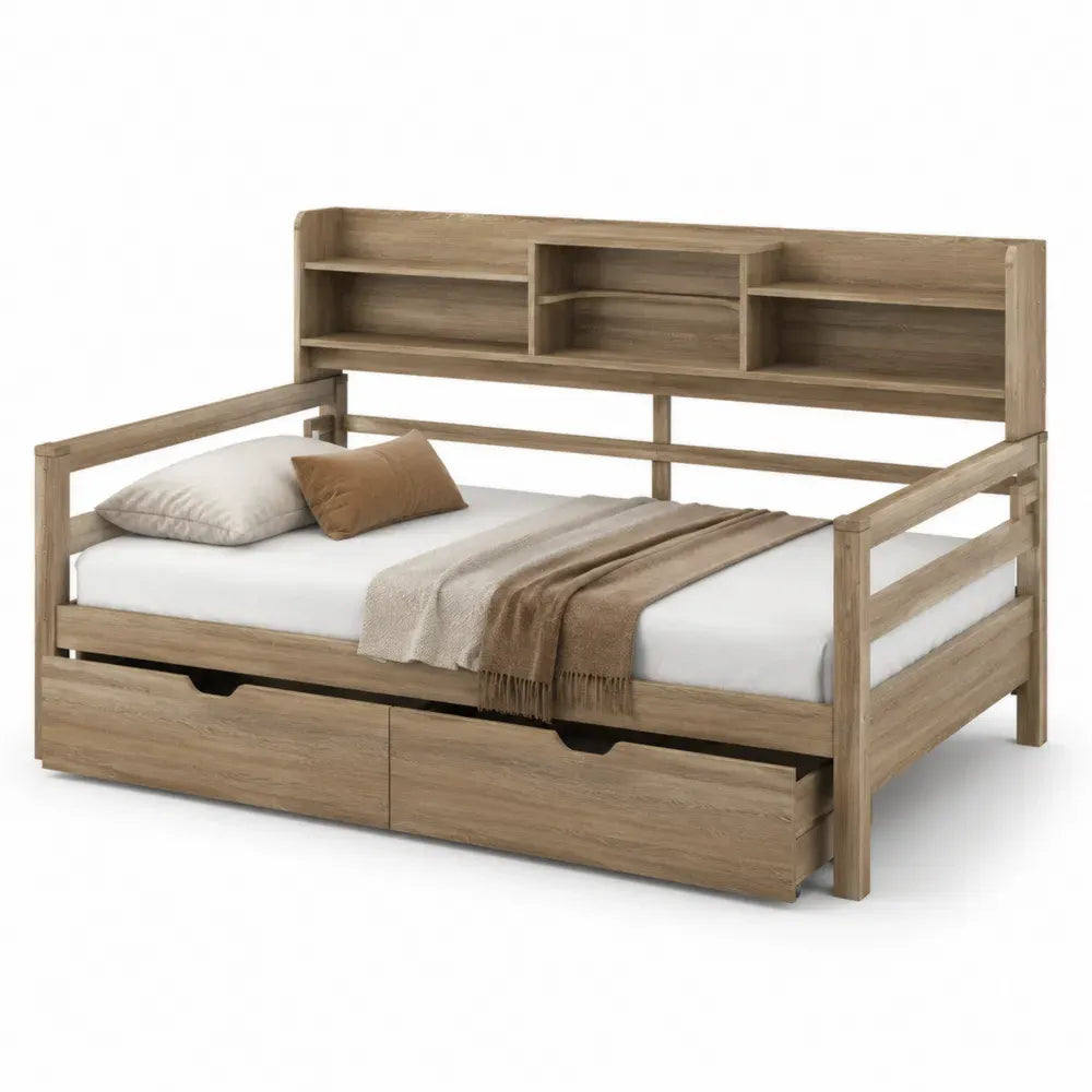 Cama individual con cabecero estantería y 2 cajones madera melamina roble claro 216 x 105 x 115 cm