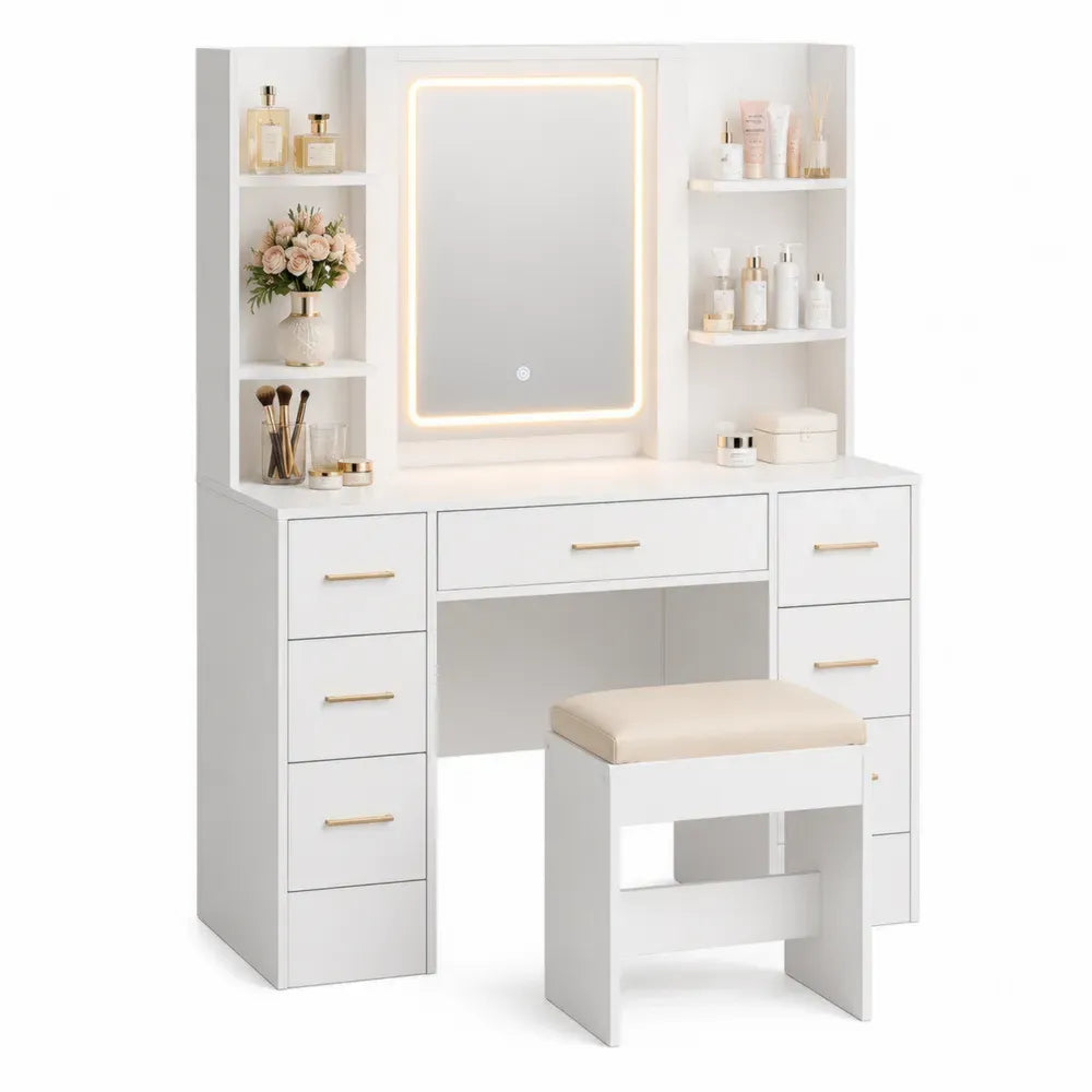 Tocador rectangular con espejo LED y taburete MDF lacado blanco tiradores de latón 120x45x150 cm