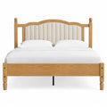 Cama doble tapizada con cabecero acolchado en poliéster beige y estructura de madera efecto roble sin cajones