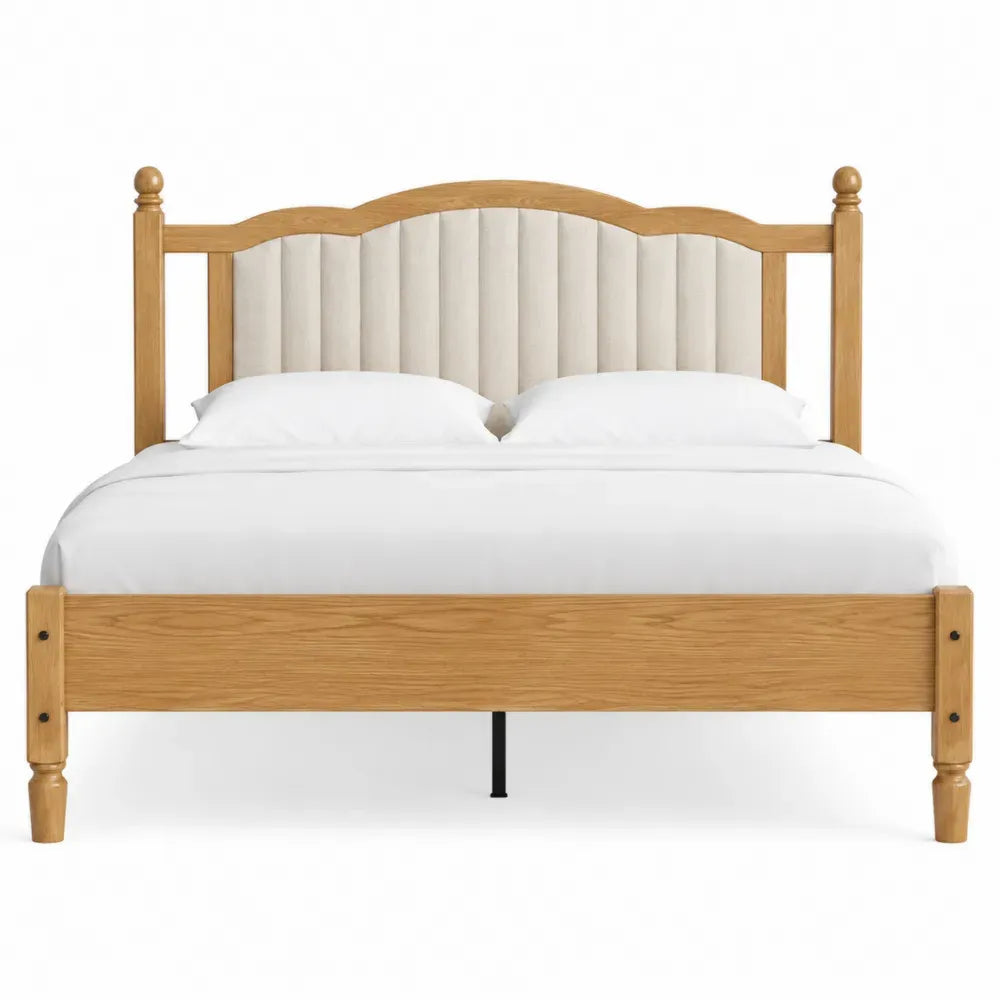 Cama doble tapizada con cabecero acolchado en poliéster beige y estructura de madera efecto roble sin cajones