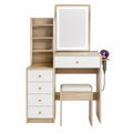 Tocador rectangular con espejo LED taburete y 5 cajones MDF roble claro blanco 100 x 40 x 145 cm
