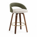 Taburete alto de comedor tapizado beige con respaldo curvo verde patas de madera y reposapiés metálico dorado 48 x 52 x 92 cm aprox