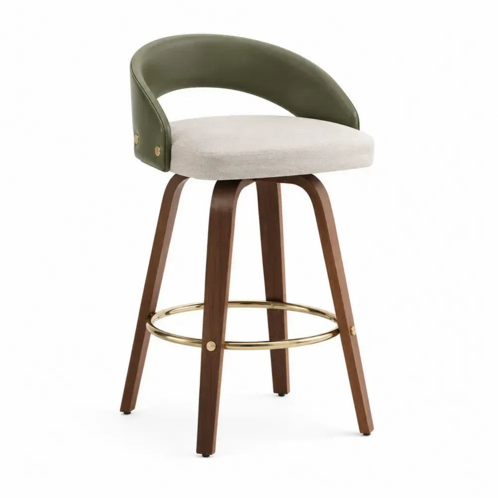 Taburete alto de comedor tapizado beige con respaldo curvo verde patas de madera y reposapiés metálico dorado 48 x 52 x 92 cm aprox