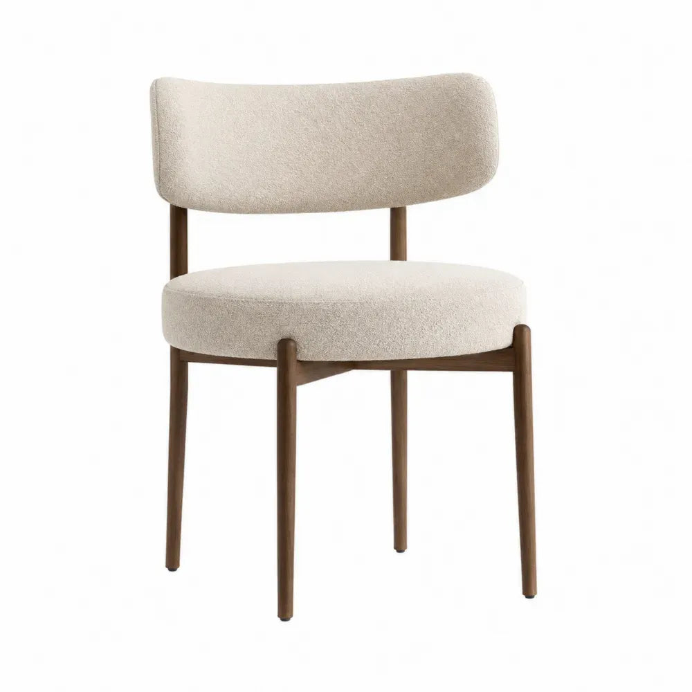 Silla de comedor tapizada de tejido beige tipo bouclé con estructura de madera maciza color marrón 55 x 58 x 80 cm