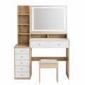 Tocador rectangular con espejo LED taburete MDF roble claro blanco 110 x 45 x 155 cm