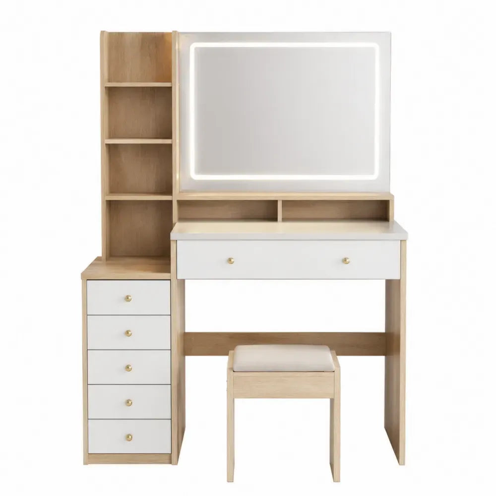Tocador rectangular con espejo LED taburete MDF roble claro blanco 110 x 45 x 155 cm