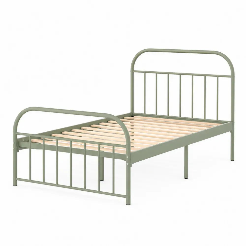 Cama individual de acero verde con cabecero y piecero curvos con somier de láminas 90 x 200 cm 205 x 96 x 105 cm