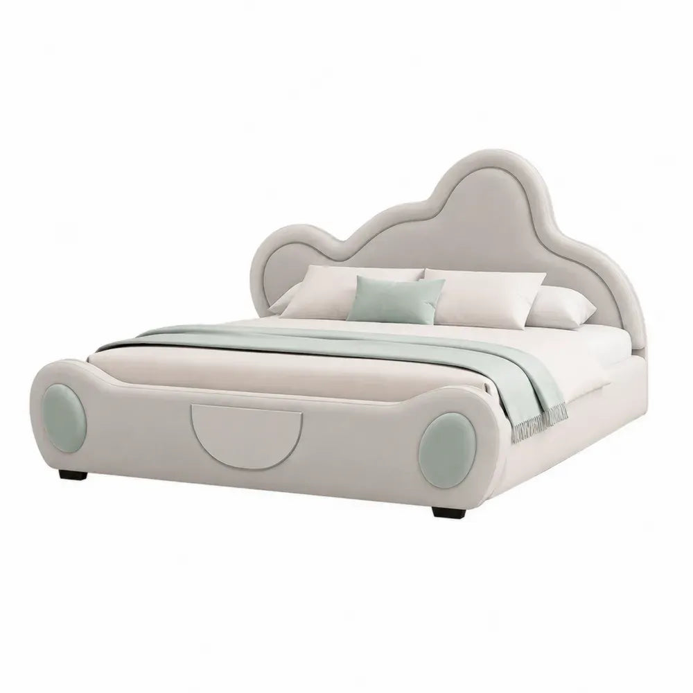 Cama doble tapizada beige con cabecero ondulado y detalles verde menta para colchón 160 x 200 cm 210 x 170 x 110 cm